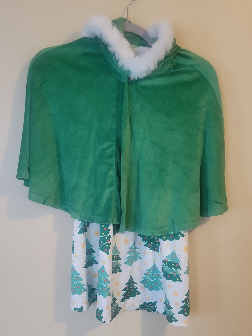 Green Holiday Cape with White Faux Fur Trim